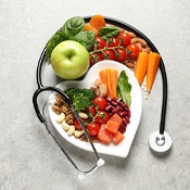 Heart-shaped plate with assortment of healthy foods